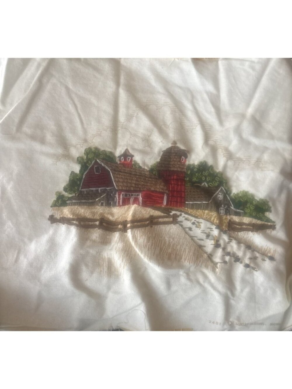 Vintage Embroidery Crewel Country Barn Scene Unframed Barbara Jennings Farmhouse
